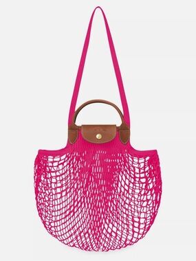 Longchamp le pliage Pink Mesh Tote Shoulder Bag with Brown Trim. LIKE NEW! Big